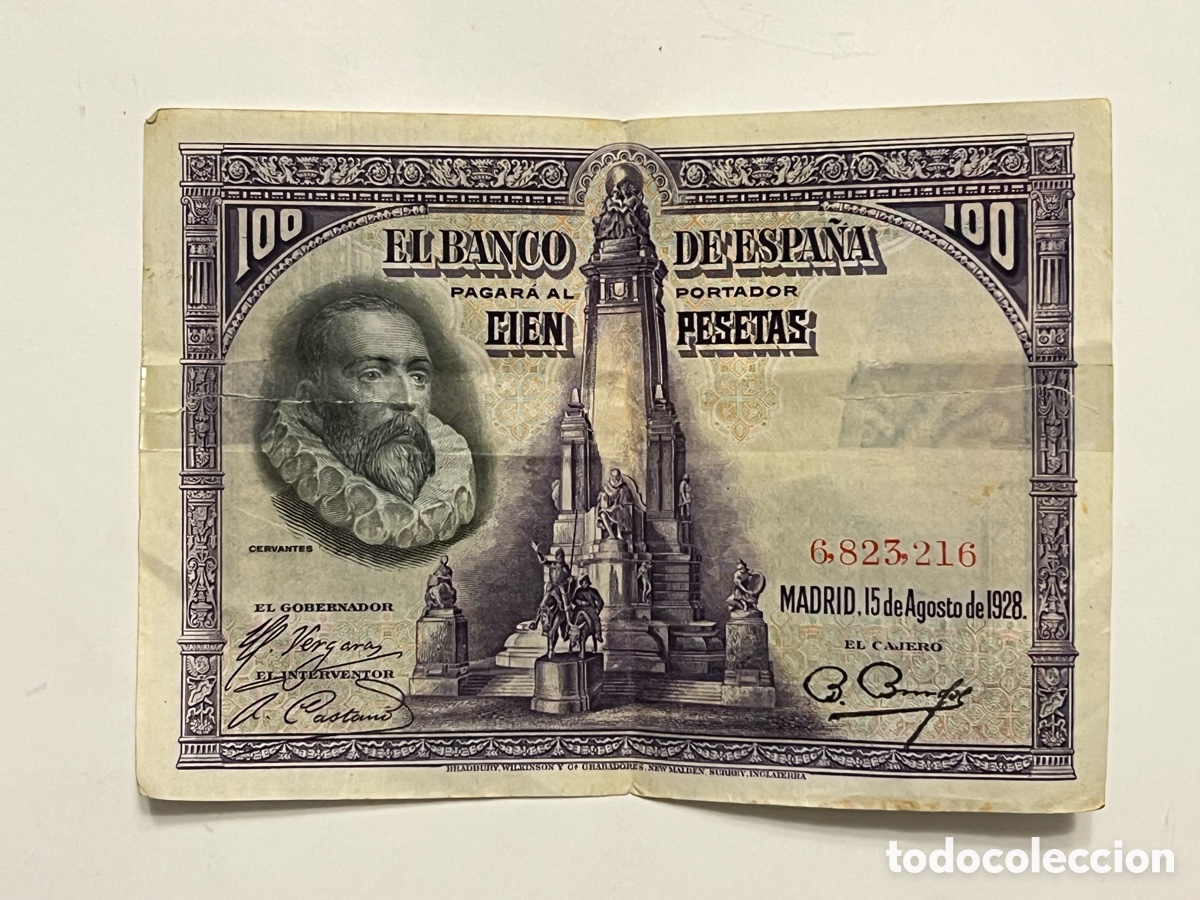 Spanische Banknoten: BILLETE DE ESPA&Ntilde;A DE 100 PESETAS DE 1928 , CERVANTES
