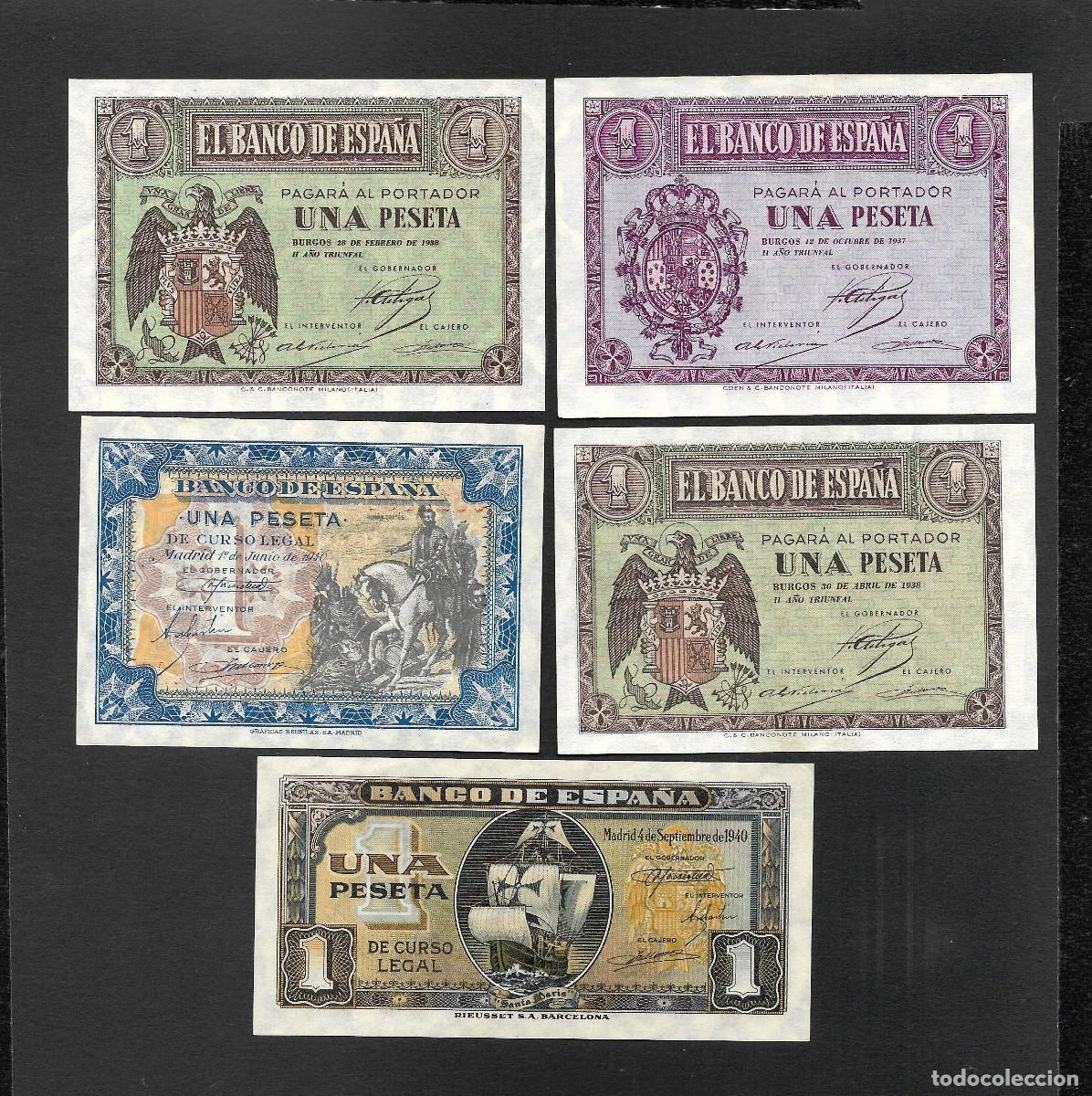 Billetes espa&ntilde;oles: 5 BILLETES 1 PESETA 1937 -1938-1940 S/C