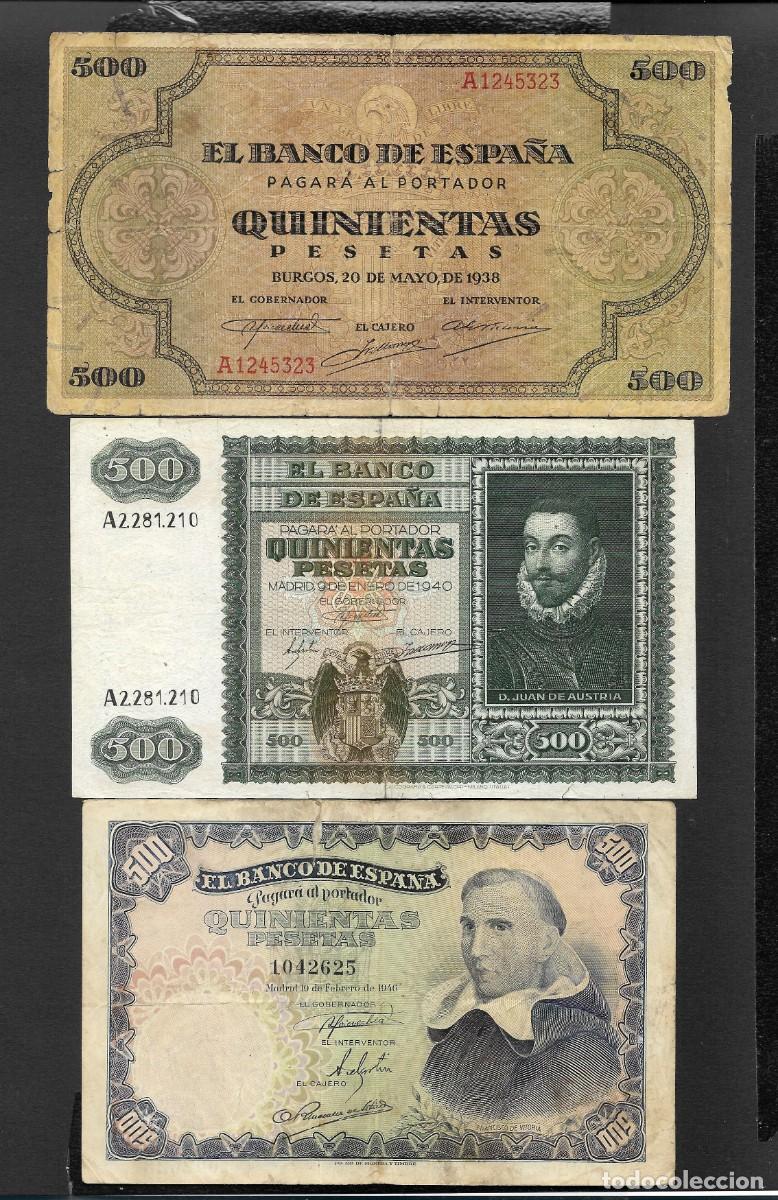 Billetes espa&ntilde;oles: 3 BILLETES 500 PESETAS 1938 -1940-1946 MBC-