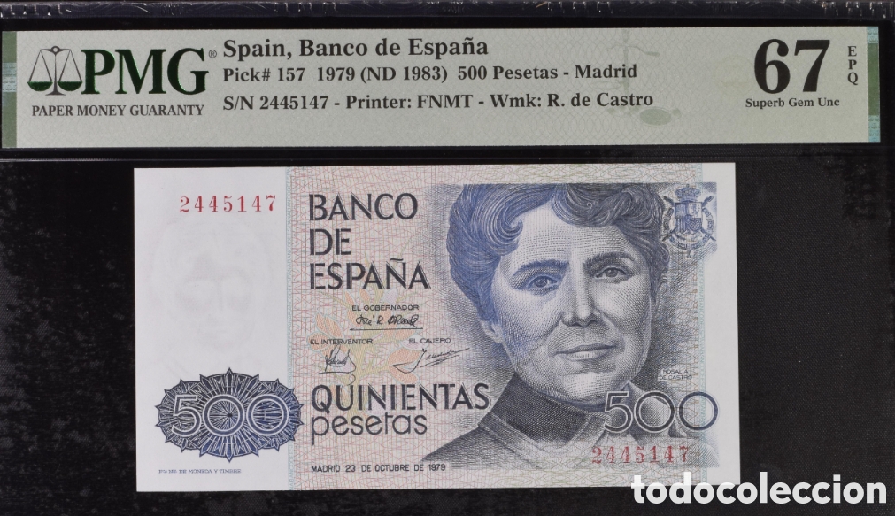Billetes espa&ntilde;oles: Billete 500 PESETAS 1979 -ROSALIA DE CASTRO- PMG 67 EPQ, sin serie