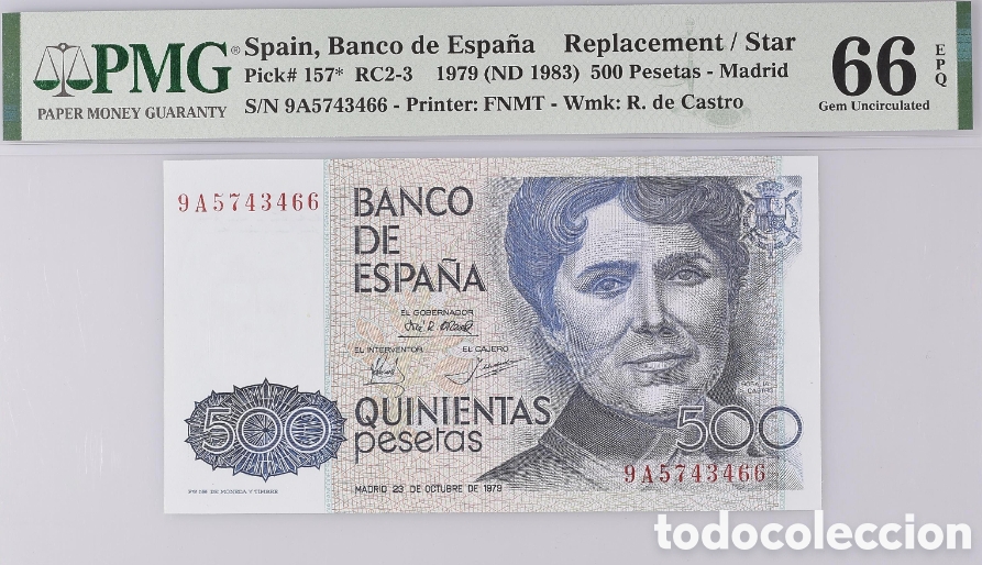 Billetes espa&ntilde;oles: Billete 500 PESETAS 1979 -ROSALIA DE CASTRO- PMG 66 EPQ, serie 9A
