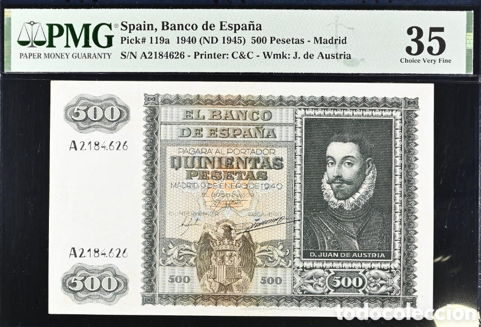Spanish Banknotes: Billete 500 PESETAS 1940 -JUAN DE AUSTRIA- PMG 35, serie A