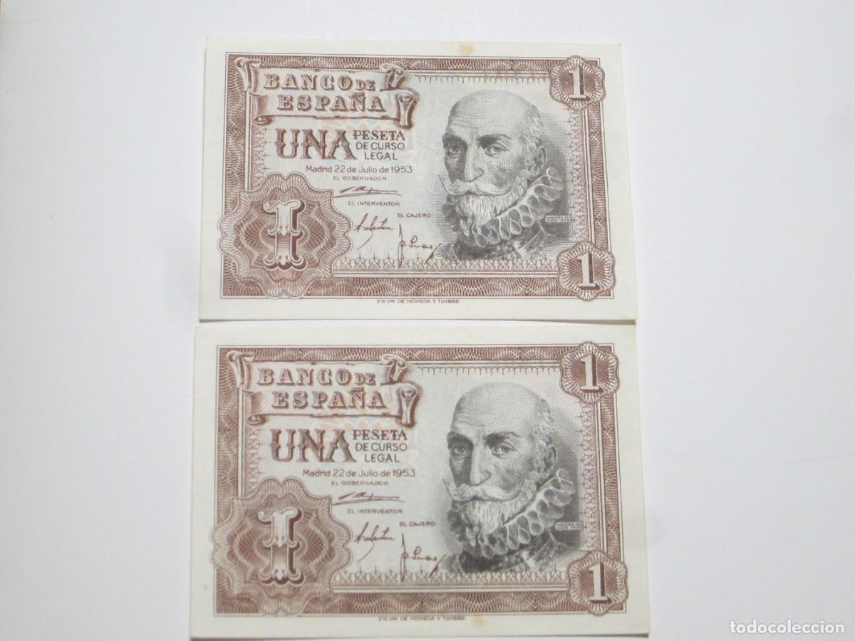 Notas espanholas: 1 PESETA DE 1953 (PAREJA CORRELATIVA) SERIE A-40/407 (ESTADO ESPA&Ntilde;OL- FRANCO) ESCASA SERIE