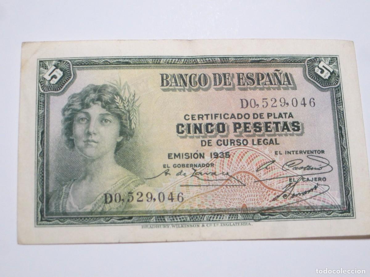 Notas espanholas: 5 PESETAS DE 1935 SERIE D-046 (2&ordf; REP&Uacute;BLICA)