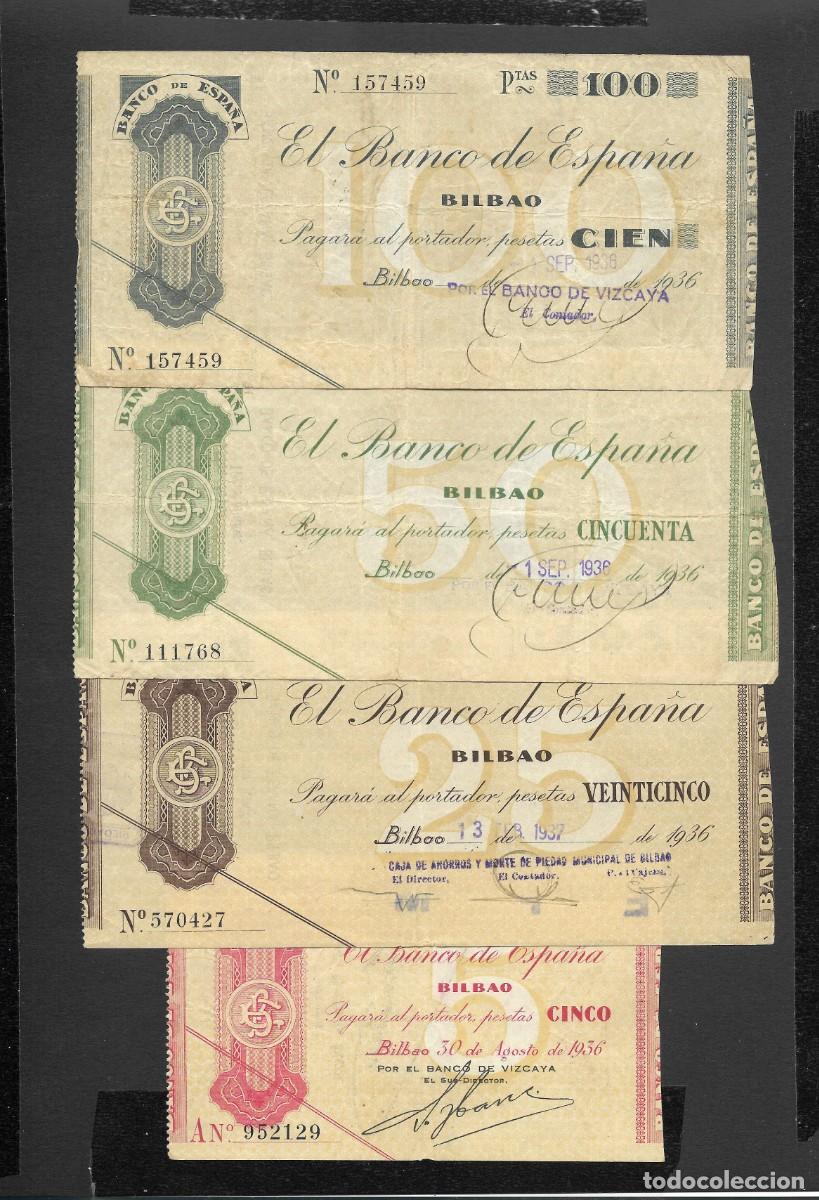 Billetes espa&ntilde;oles: 4 BILLETES 5-25-50-100 PESETAS 1936 BILBAO MBC