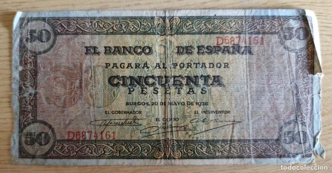 Billetes espa&ntilde;oles: Billete de 50 Pesetas del 20 de mayo del 1938 BANCO DE ESPA&Ntilde;A Burgos DESGASTADO