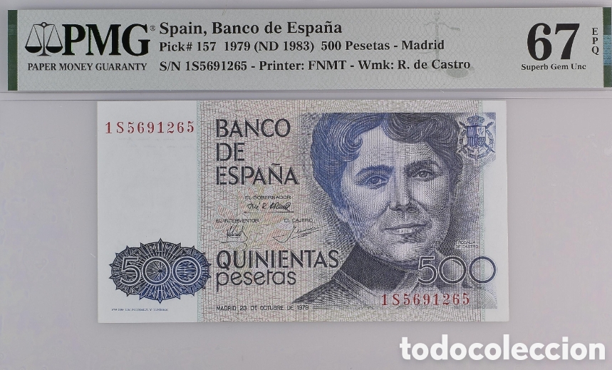 Spanish Banknotes: Billete 500 PESETAS -ROSALIA DE CASTRO- PMG 67 EPQ, serie 1S, &uacute;ltima serie emitida
