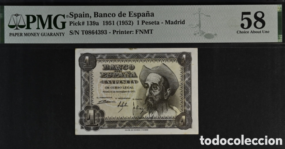 Billetes espa&ntilde;oles: Billete 1 PESETA 1951 -DON QUIJOTE- PMG 58, serie T, &uacute;ltima serie emitida