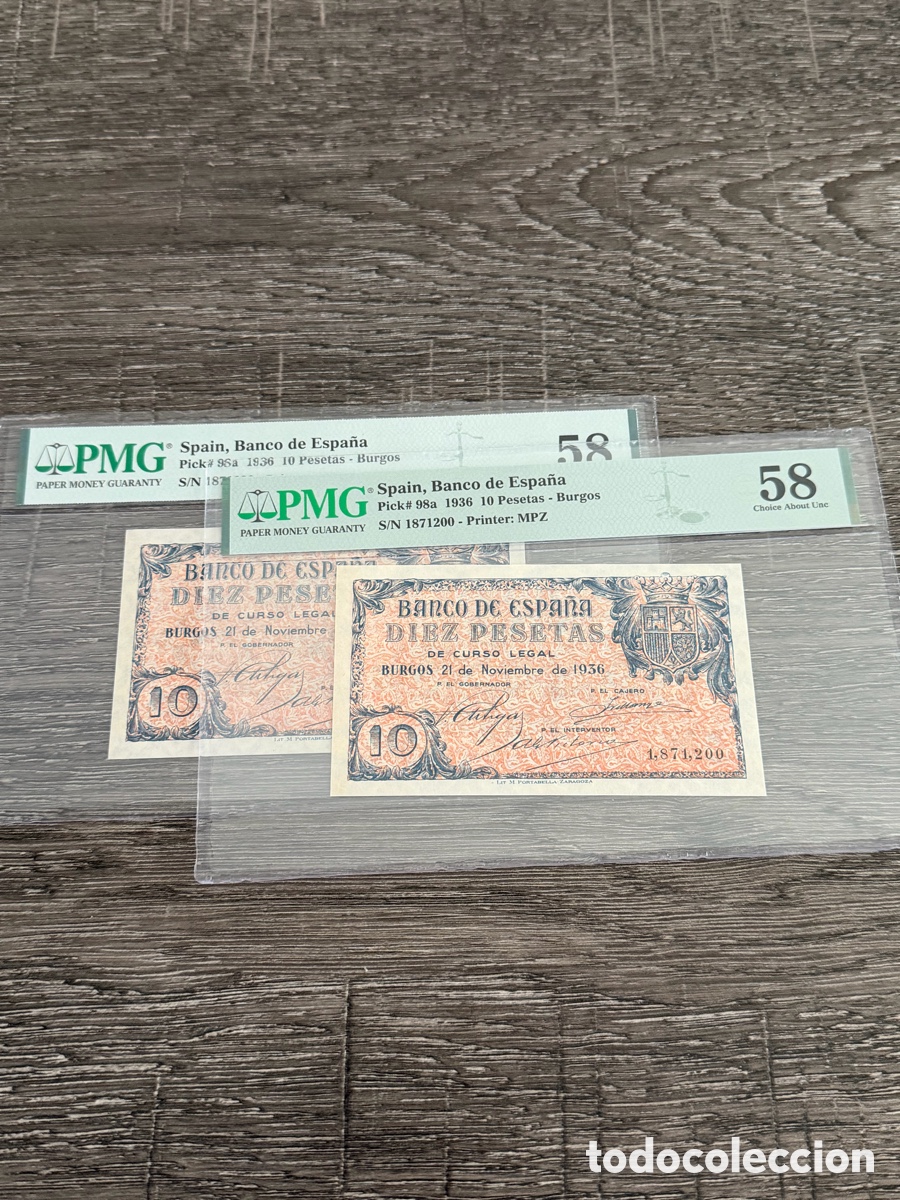 Billetes espa&ntilde;oles: PMG 58 / Pareja 10 Pesetas 1936 Sin Serie