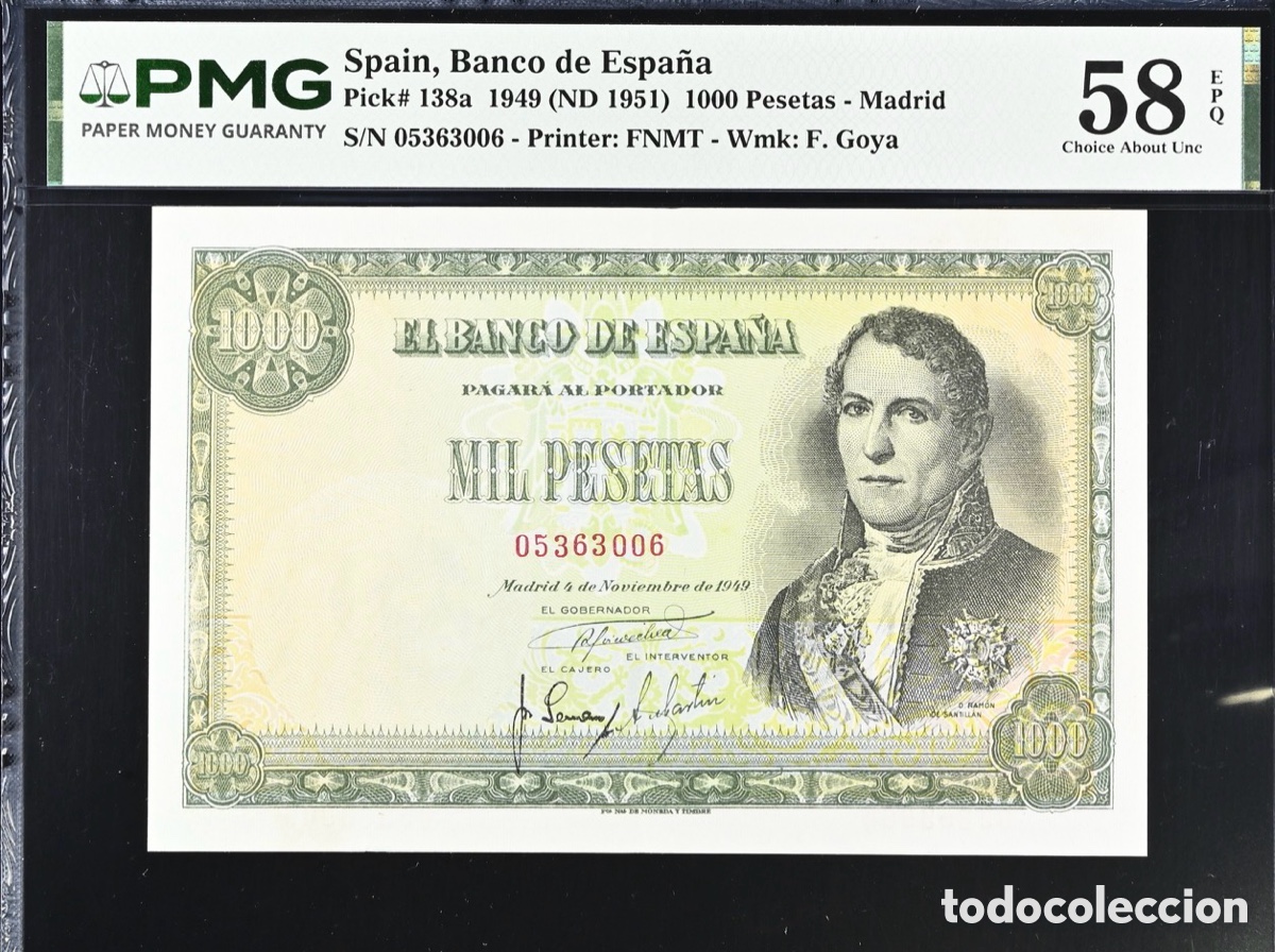 Billetes espa&ntilde;oles: Pmg 58 Epq / 1000 Pesetas 1949.