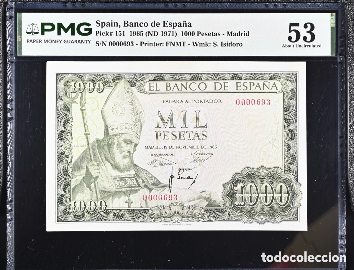 Billetes espa&ntilde;oles: Pmg 53 / 1000 Pesetas 1965 Sin Serie Muy Bajo Serial Baj&iacute;simo