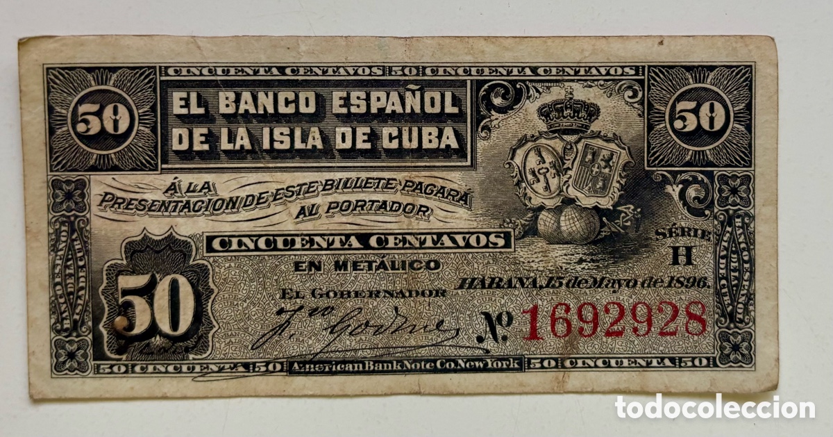 Billetes espa&ntilde;oles: Billete 50 centavos 1896 Banco Espa&ntilde;ol Isla de Cuba