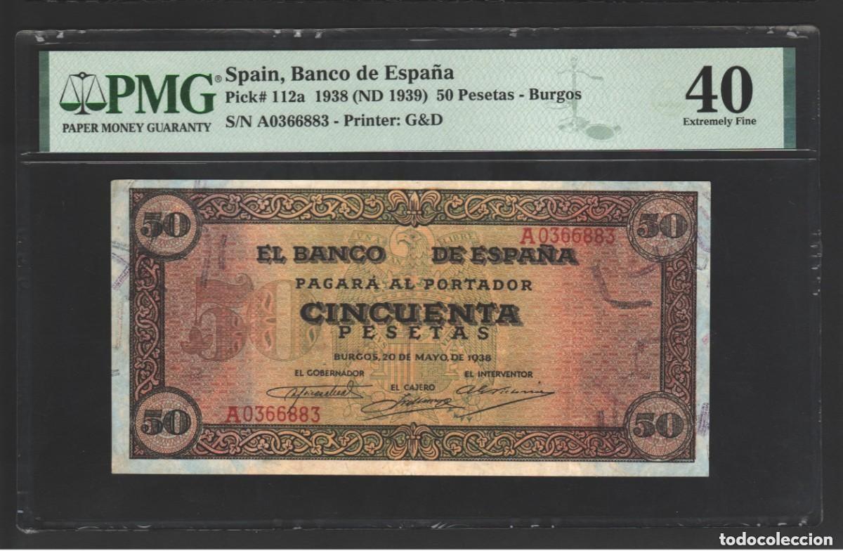 Billetes espa&ntilde;oles: SERIE A BURGOS EXCELENTE EJEMPLAR PMG | SOLO ACEPTO PAYPAL| BILLETE 50 PESETAS 1938 LEER DESCRIPCION