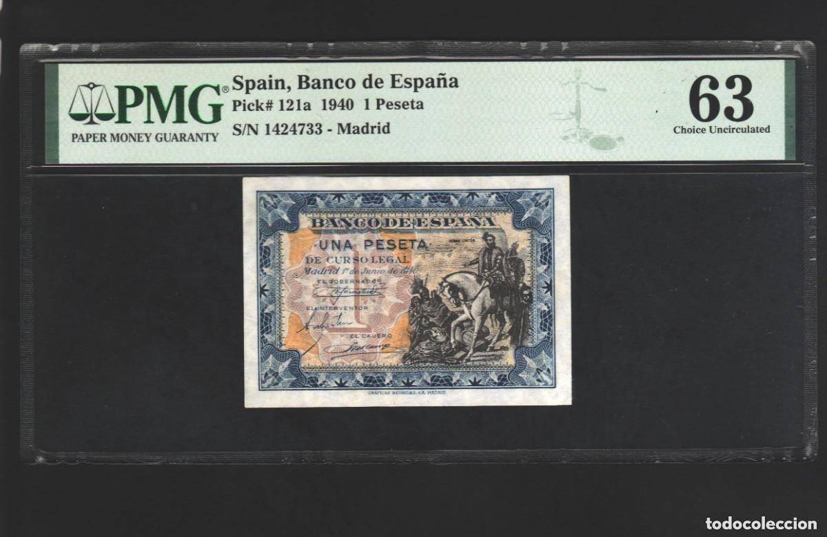 Billets espagnols: SIN SERIE ESTADO ESPA&Ntilde;OL PMG 63 | SOLO ACEPTO PAYPAL| BILLETE 1 PESETA 1940 LEER DESCRIPCION