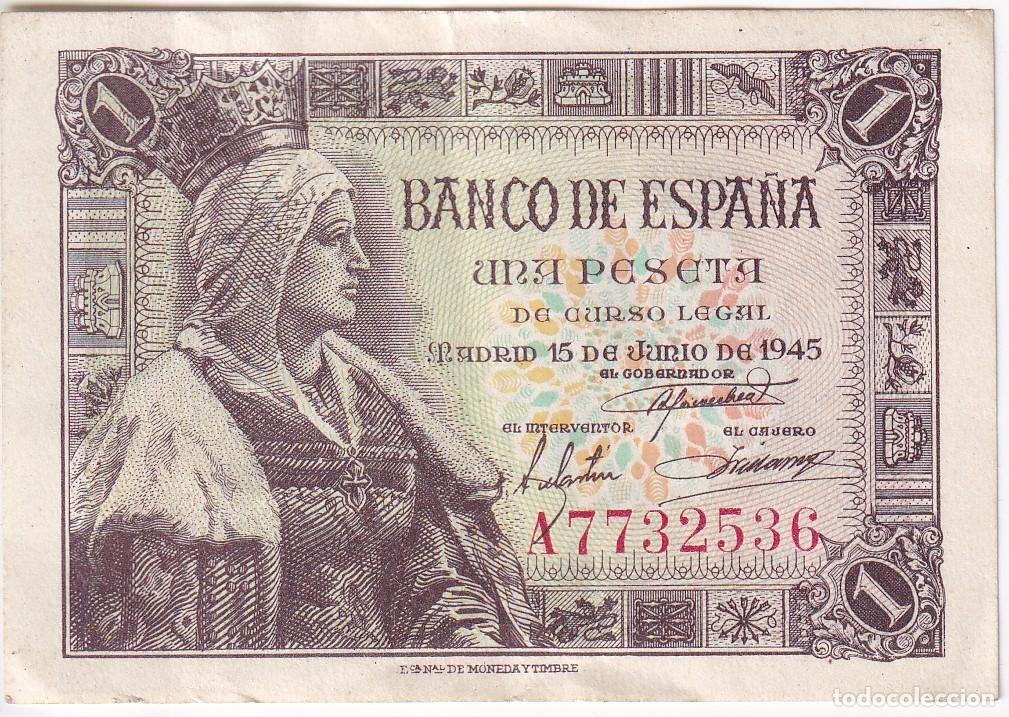 Notas espanholas: BILLETE DE 1 PESETA DEL A&Ntilde;O 1945 DE ISABEL LA CATOLICA DE LA SERIE A