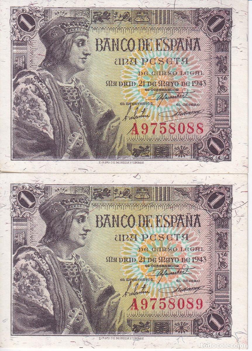 Billets espagnols: PAREJA CORRELATIVA DE 1 PESETA DEL A&Ntilde;O 1943 DE FERNANDO EL CATOLICO SERIE A SIN CIRCULAR (SC)