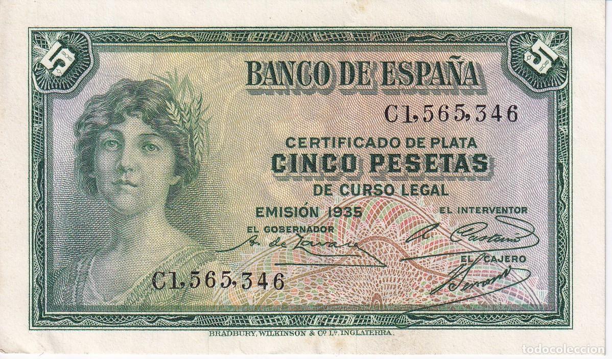 Billets espagnols: BILLETE DE 5 PESETAS DEL A&Ntilde;O 1935 CON CERTIFICADO DE PLATA SERIE C EN CALIDAD EBC
