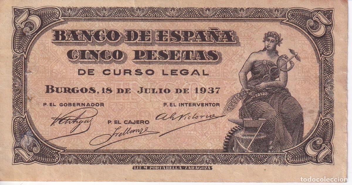 Billetes espa&ntilde;oles: BILLETE DE BURGOS DE 5 PTAS DEL A&Ntilde;O 1937 SIN SERIE (RARO)