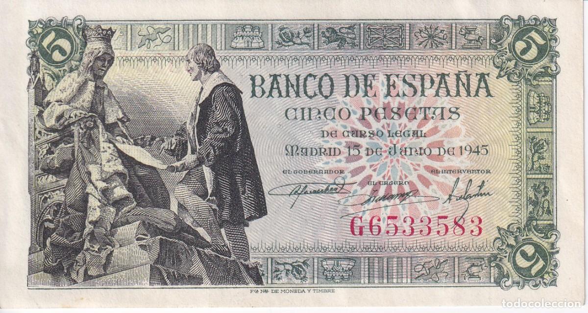 Billetes espa&ntilde;oles: BILLETE DE 5 PESETAS DEL A&Ntilde;O 1945 DE ISABEL LA CATOLICA - COLON SERIE G EN CALIDAD EBC