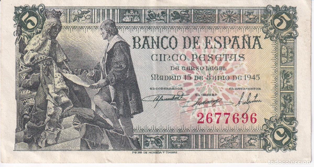 Billets espagnols: BILLETE DE 5 PESETAS DEL A&Ntilde;O 1945 DE ISABEL LA CATOLICA Y CRISTOBAL COLON SIN SERIE