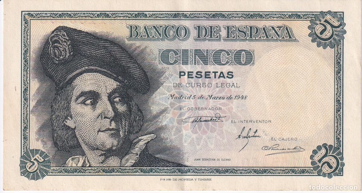 Billetes espa&ntilde;oles: BILLETE DE 5 PESETAS DEL A&Ntilde;O 1948 DE ELCANO SERIE A EN CALIDAD EBC
