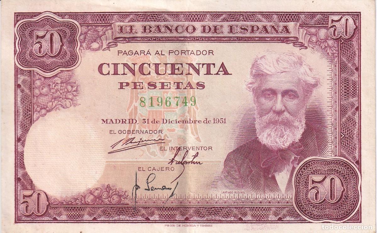 Billetes espa&ntilde;oles: BILLETE DE 50 PESETAS DEL A&Ntilde;O 1951 DE SANTIAGO RUSI&Ntilde;OL SIN SERIE EN BUENA CALIDAD