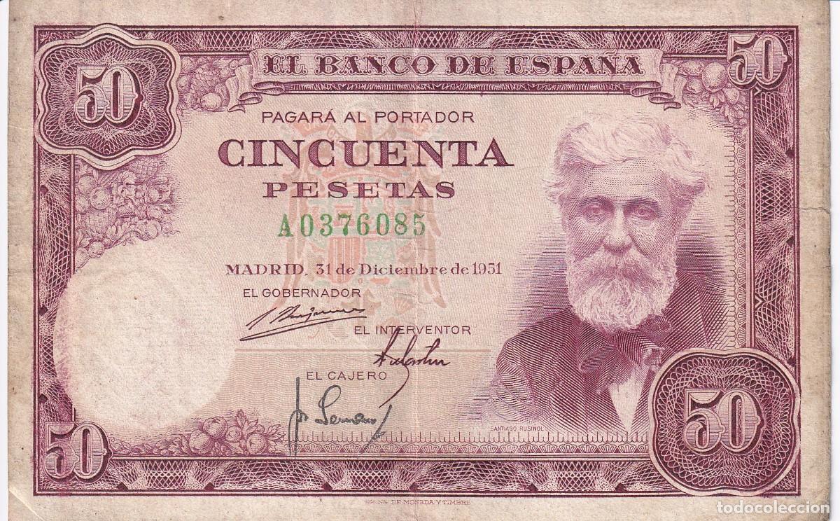 Billetes espa&ntilde;oles: BILLETE DE 50 PESETAS DEL A&Ntilde;O 1951 DE SANTIAGO RUSI&Ntilde;OL SERIE A