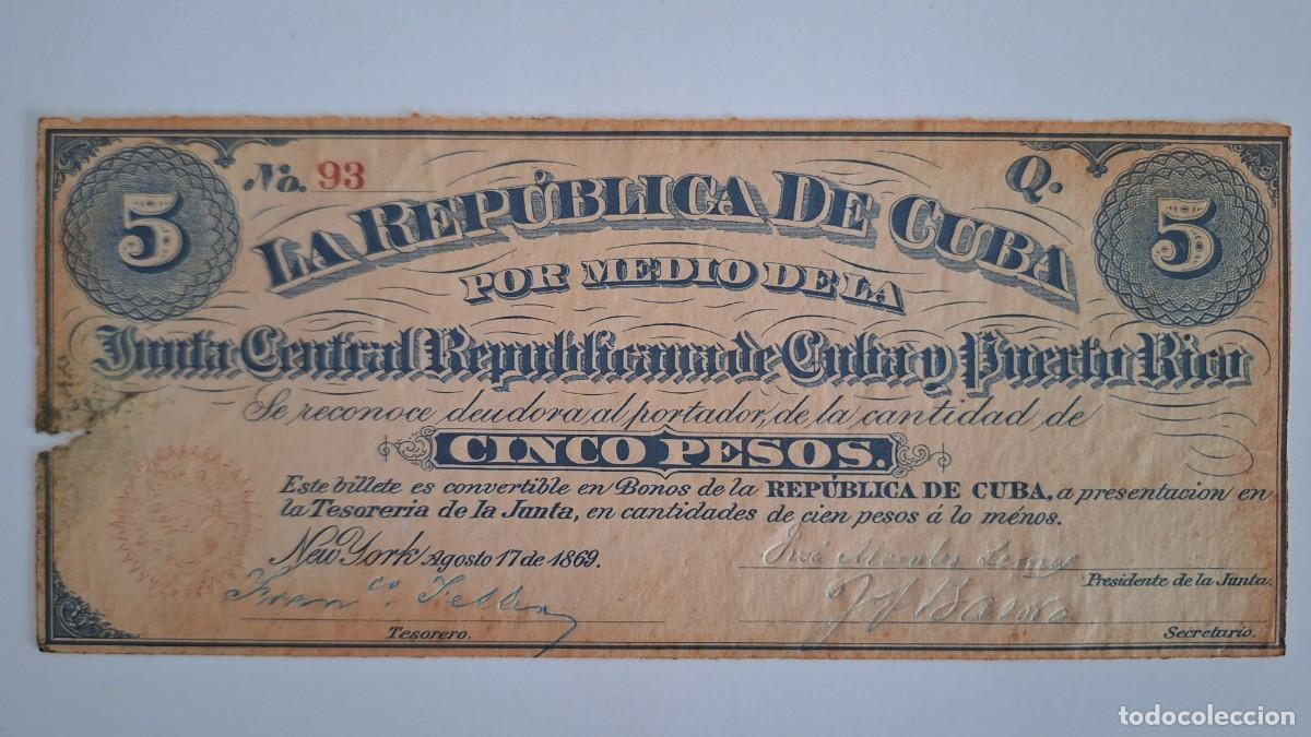 Billets espagnols: BILLETE 5 PESOS DE CUBA Y PUERTO RICO 1869 EPOCA COLONIAL ESPA&Ntilde;OLA N&ordm; 93 EBC
