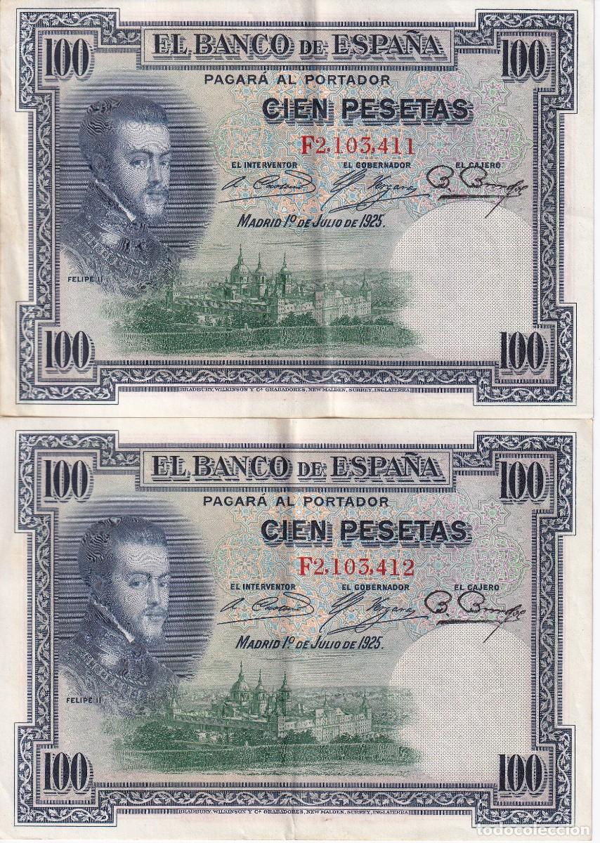 Notas espanholas: PAREJA CORRELATIVA DE 100 PESETAS DEL A&Ntilde;O 1925 SERIE F EN CALIDAD EBC
