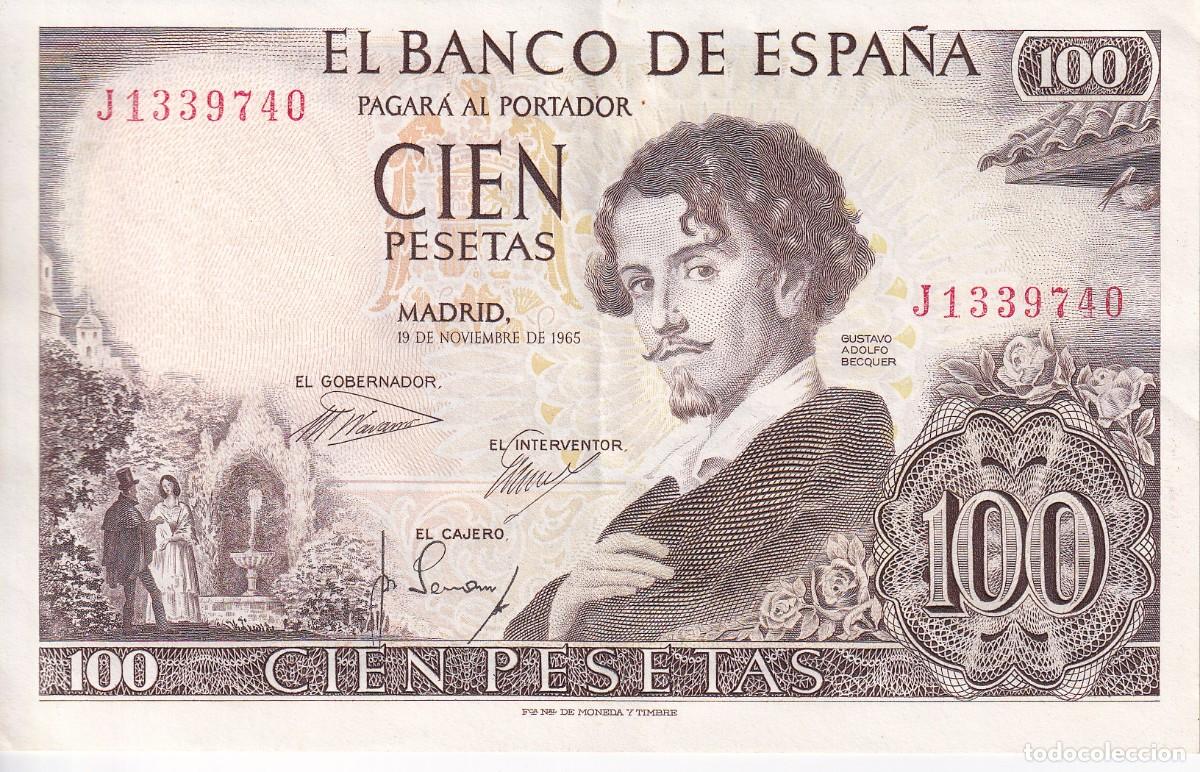 Banconote spagnole: BILLETE DE 100 PESETAS DEL A&Ntilde;O 1965 SERIE J EN CALIDAD EBC (BECQUER)