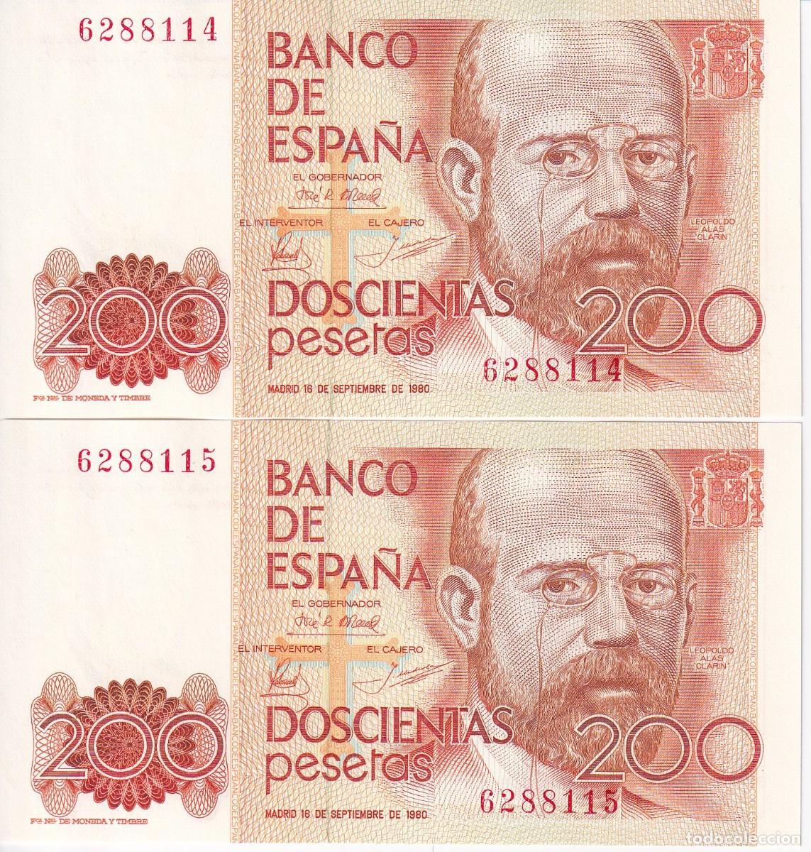 Billetes espa&ntilde;oles: PAREJA CORRELATIVA DE 200 PESETAS DEL A&Ntilde;O 1980 SIN SERIE SIN CIRCULAR (SC) (ALAS CLARIN)