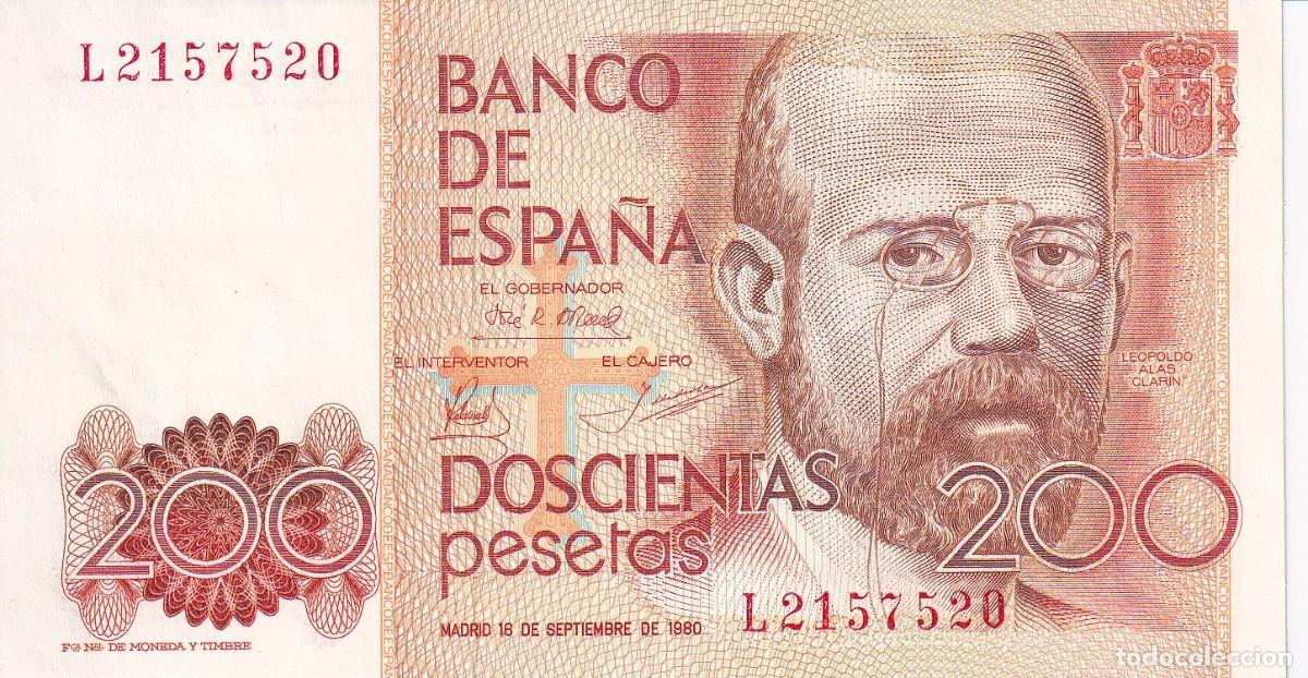 Notas espanholas: BILLETE DE 200 PESETAS DEL A&Ntilde;O 1980 DE LEOPOLDO ALAS CLARIN SERIE L EN CALIDAD EBC