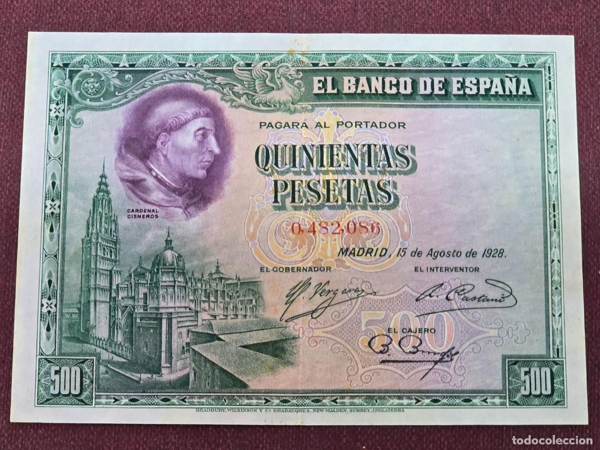 Billetes espa&ntilde;oles: Billete 500 Pesetas 1928 - Cardenal Cisneros - Sin Serie - N&uacute;mero Bajo / EBC