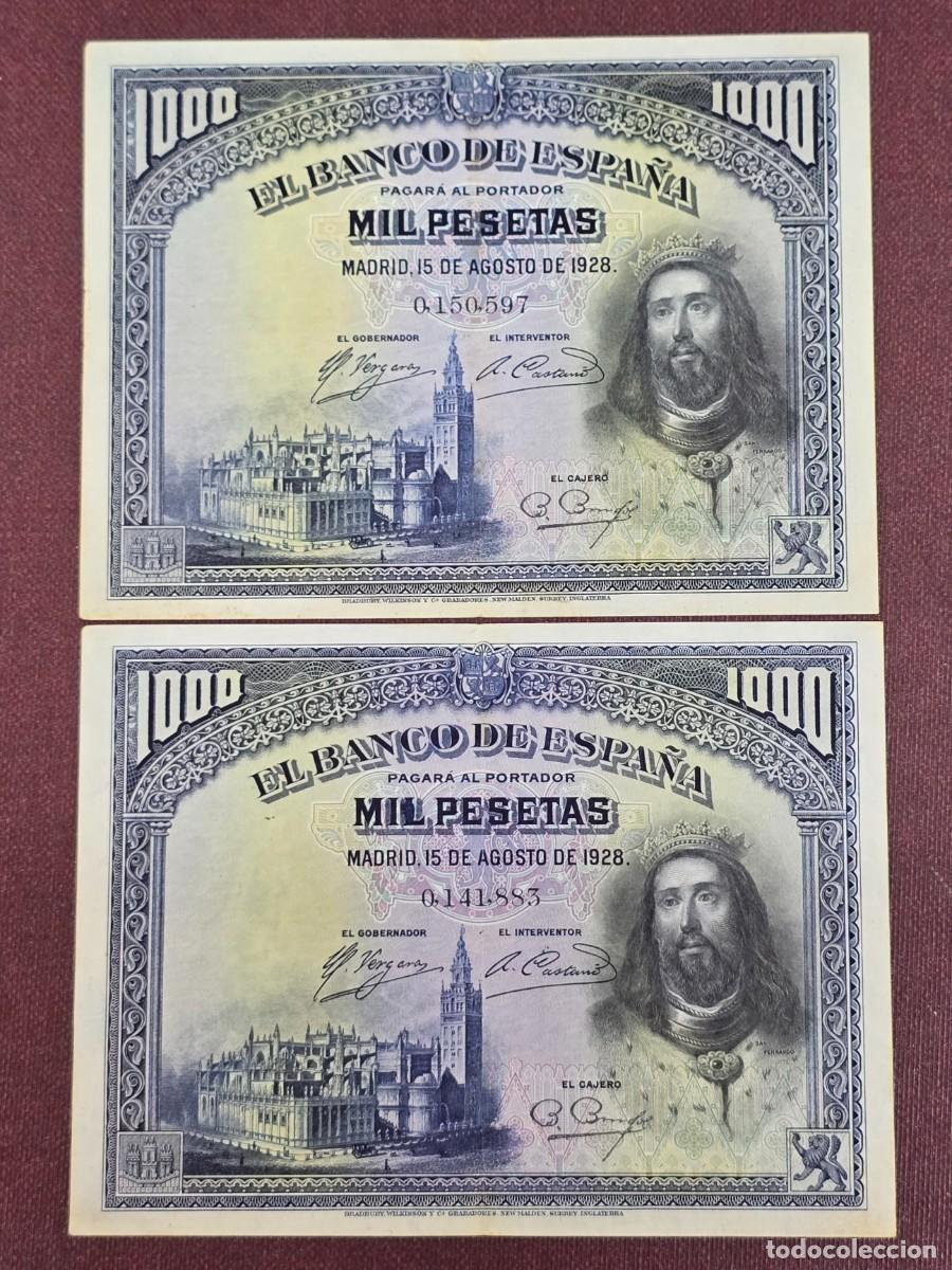 Billetes espa&ntilde;oles: Lote 2 Billetes 1000 Pesetas 1928 - San Fernando / Sin Serie - N&uacute;mero muy bajo - No Correlativos .