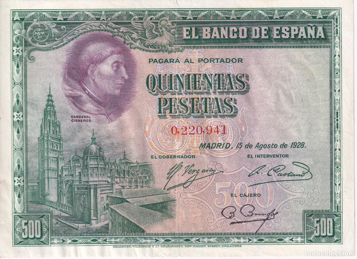 Notas espanholas: BILLETE DE ESPA&Ntilde;A DE 500 PTAS DEL A&Ntilde;O 1928 SIN SERIE DEL CARDENAL CISNEROS EN BUENA CONDICION
