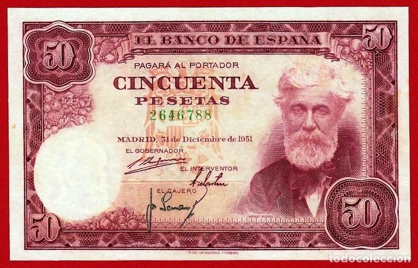 Billetes espa&ntilde;oles: 50 Pesetas, 1951 ''Rusi&ntilde;ol'' Sin Serie, EBC-