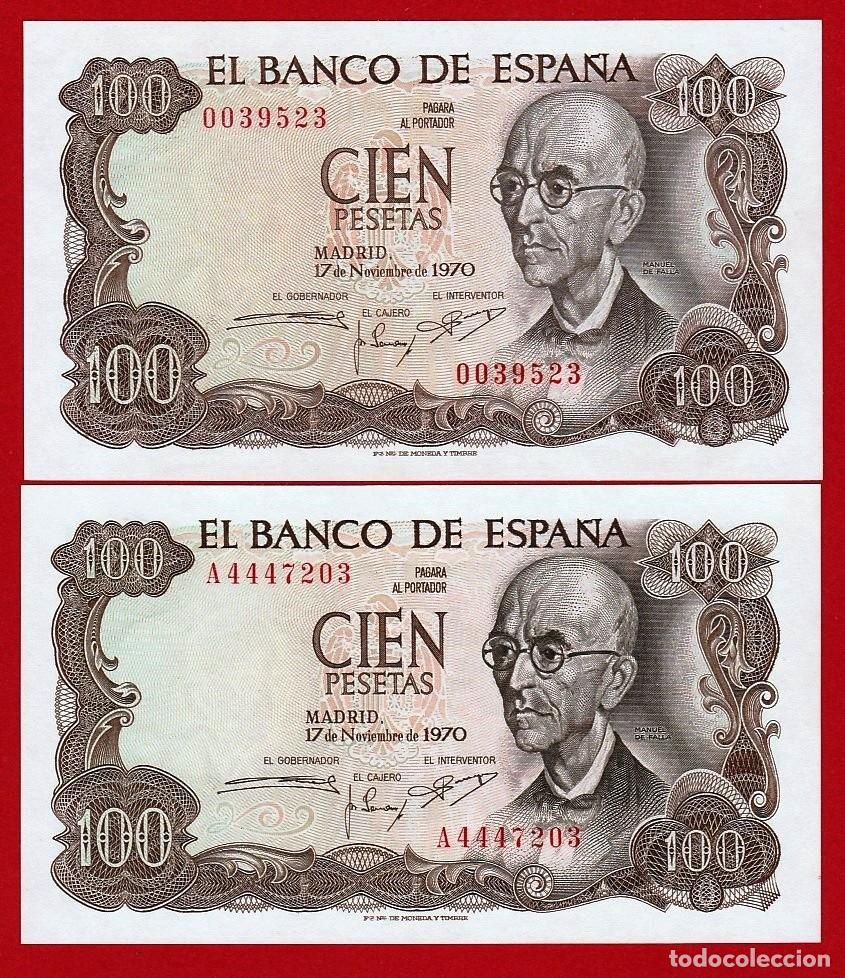 Billetes espa&ntilde;oles: 100 Pesetas, 1970, 2 billetes, Sin serie y Serie A, SC