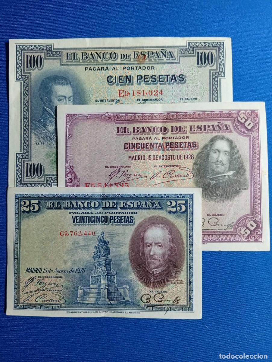 Billetes espa&ntilde;oles: 3 billetes Espa&ntilde;a de 25,50 y 100 ptas