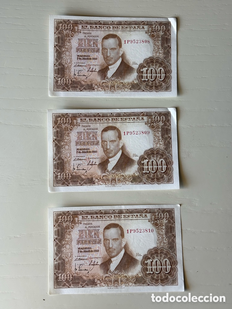 Billets espagnols: Tr&iacute;o Billetes 100 Pesetas Correlativos 1953