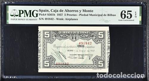 Billetes espa&ntilde;oles: ESPA&Ntilde;A * BILLETE 5 PESETAS 1937 BILBAO * PMG-65 EPQ (IC-1669)