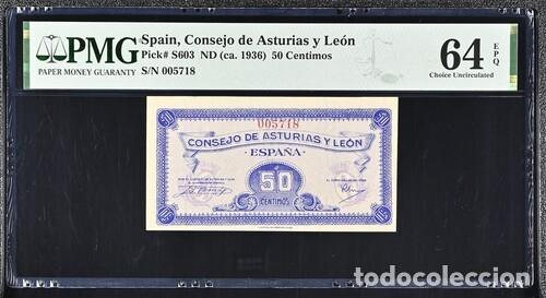 Billetes espa&ntilde;oles: ESPA&Ntilde;A * BILLETE 50 CENTIMOS 1936 ASTURIAS Y LEON * PMG-64 EPQ (IC-1673)