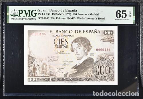 Billetes espa&ntilde;oles: ESPA&Ntilde;A * BILLETE 100 PESETAS 1965 SIN SERIE NUMERO MUY BAJO * PMG-65 EPQ (IC-1681)