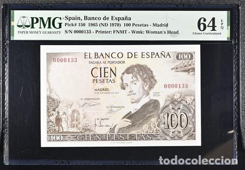 Billetes espa&ntilde;oles: ESPA&Ntilde;A * BILLETE 100 PESETAS 1965 SIN SERIE NUMERO MUY BAJO * PMG-64 EPQ (IC-1682)