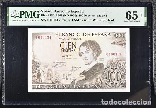 Billetes espa&ntilde;oles: ESPA&Ntilde;A * BILLETE 100 PESETAS 1965 SIN SERIE NUMERO MUY BAJO * PMG-65 EPQ (IC-1683)