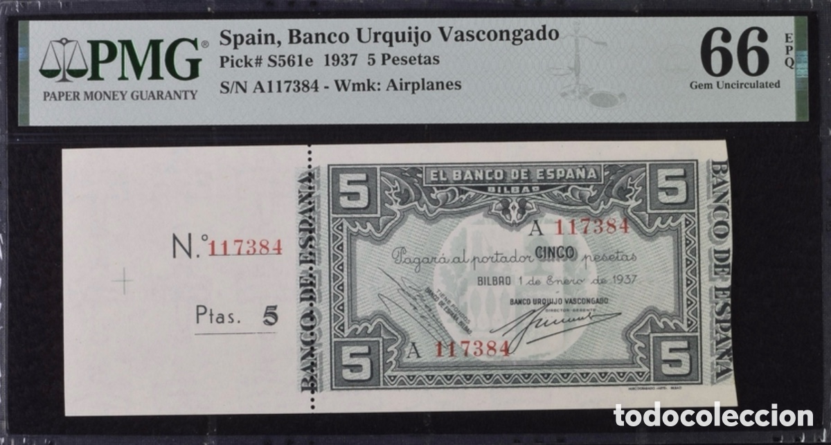 Billetes espa&ntilde;oles: Billete 5 pesetas 1937 PMG 66 Banco Urquijo