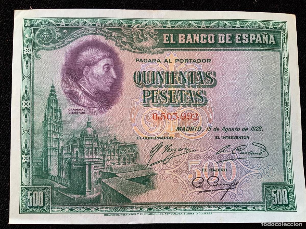 Billetes espa&ntilde;oles: Billete de 500 pesetas espa&ntilde;a 1928, sin letra de serie, ebc. Cardenal cisneros.