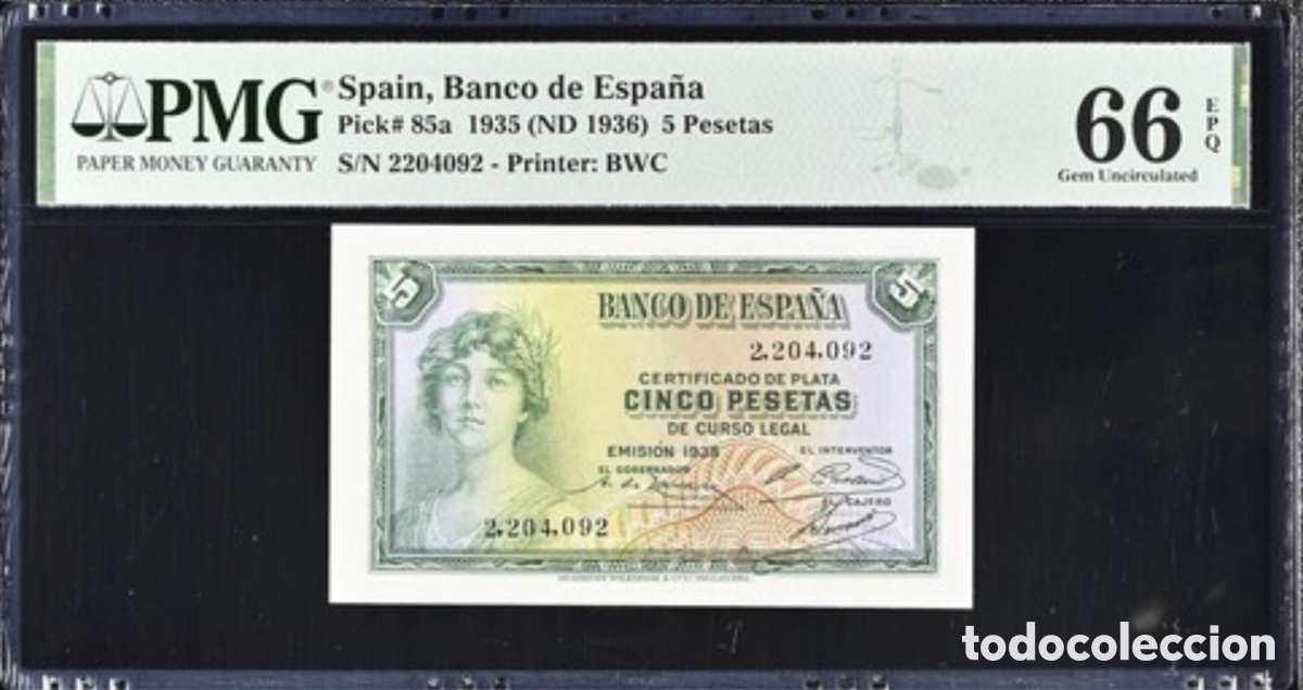 Billetes espa&ntilde;oles: Billete 5 pesetas 1935 PMG 66 sin Serie
