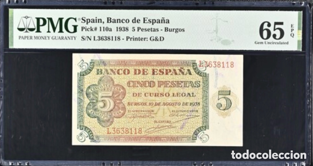 Billetes espa&ntilde;oles: Billete 5 pesetas 1938 PMG 65 Serie L