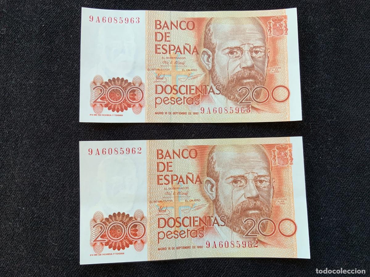 Billetes espa&ntilde;oles: 2 billetes, pareja correlativa , numeracion especial 9a, 200 pesetas 1980. Ebc+.