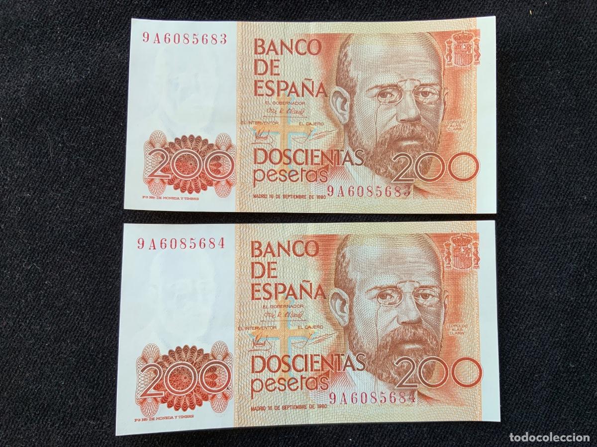 Billetes espa&ntilde;oles: Lote de 2 billetes serie correlativa numeracion especial 9a, 200 pesetas 1980, ebc+